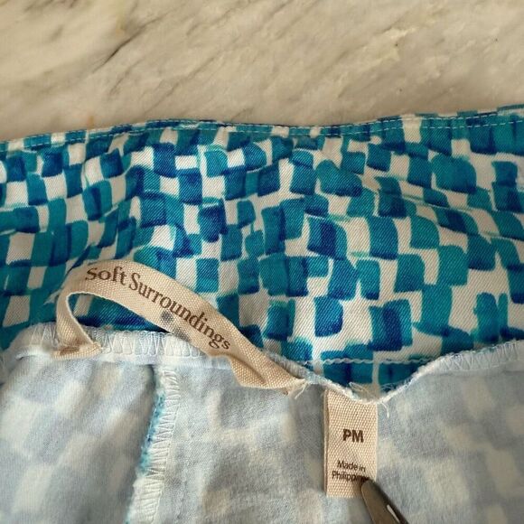 Soft Surroundings Pants cotton blend Blue White Geometric Stretch Pants size PM - Picture 3 of 6